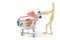 Wooden mannequin shopping garden utensils in a shopping cart at