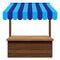Wooden market stall with blue awning on white background.