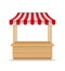 Wooden market stall, fair booth. 3d empty kiosk with striped awning, roof. Isolated market booth mockup for food. Wooden counter