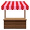 Wooden market stall with red and pink awning on white background.