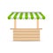 Wooden market stand stall with green and white sunshade. Mock up of wooden counter with canopy for street trading