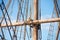 Wooden Mast, Rigging and Ropes of old sailing boat