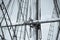 Wooden Mast, Rigging and Ropes of old sailing boat