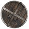 Wooden medieval round shield with metal frame and cross 3d illustration