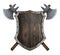 Wooden medieval shield with crossed axes 3d illustration