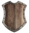 Wooden medieval shield with metal frame isolated 3d illustration