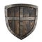 Wooden medieval vikings shield with metal frame and cross 3d illustration