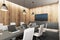 Wooden meeting room with device screens