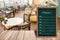 Wooden menu display sign, Frame restaurant message board on wooden table, Blurred image background.