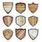 Wooden and metal shield protected steel icons sign set