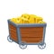 Wooden Mine cart, trolley with gold ore in cartoon style isolated on white background. Game asset,ui. Fortune concept.