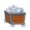 Wooden Mine cart, trolley with silver ore in cartoon style isolated on white background. Game asset,ui. Fortune concept