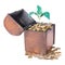 Wooden money chest filled with coins and a money tree