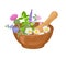 Wooden mortar with pestle, medical herbs and wild flowers isolated