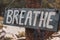 A wooden motivating tablet on an old pine tree in an autumn park says â€œBreathe