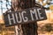 A wooden motivating tablet on an old pine tree in an autumn park says â€œHug me