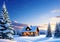 wooden mountain hut on a cold winter night with falling snow in twilight