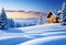 wooden mountain hut on a cold winter night with falling snow in twilight