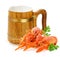 Wooden mug with beer and red lobsters isolated on a white backgr