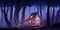 Wooden mystic stilt house, shack in night forest