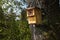 Wooden nest box on a tree, self-made bird shelter, environmental