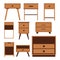 Wooden nightstand bedside icons set, flat design illustration