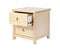 Wooden nightstand with open drawer isolated over white.