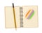 Wooden notebook with pencil and eraser on white background close up