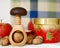 Wooden nutcracker, nuts, bowl and apples