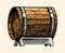 Wooden oak barrel or cask with alcohol. Vessel with wine, brandy or whiskey in vintage style. Hand Drawn engraved sketch