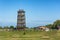 Wooden observation tower. Nature Park Beremytske, Chernihiv region, Beremytske village, Ukraine. Natural garden for thematic, eco-