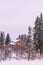 Wooden ochre cottage in a winter forest landscape, snowing time, selective focus