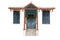 Wooden ornamental door and windows with shatters and roof tiles, on white background.