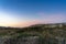 Wooden palisade fence and beach and sand dunes at sunrise