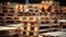 Wooden pallet stacked in empty warehouse closeup