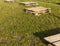 wooden pallets on the grass, close up