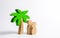 Wooden palm tree and family. Family holidays with children. Tours and cruises to warm countries. The development of tourism.