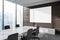 Wooden panoramic meeting room corner with poster