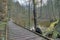 Wooden path and Robecsky potok river in Robecske udoli valley in czech turist region Machuv kraj on 6th march 2020