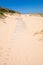 Wooden pathway covered on sand beach in Trafalgar Cape