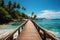 Wooden pathway extending overwater to a dreamy beach, summer landscape image