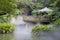 Wooden pavilion in fog like fairyland