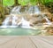 Wooden Perspective Floor with Waterfall in The Forest for Relax use to Mock up