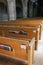 Wooden pews in the church.