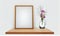 Wooden photo frame next to a vase with flowers on a wooden table on a white background, generative AI