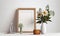 Wooden photo frame next to a vase with flowers on a wooden table on a white background, generative AI