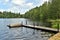 Wooden Pier and boat on Leonard Pond, Colton,  St. Lawrence County, New York, United States. NY. US. USA.