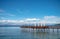 Wooden pier with cafe in Ionian sea. Greece