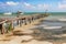 Wooden pier dock, boats and ocean view at Caye Caulker Belize Ca