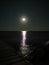 A wooden pier extending into the sea against a dark sky with the moon and a moon path